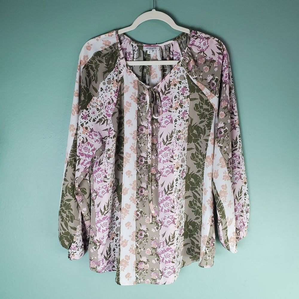 Andree by Unit Top Womens Boho Floral Patchwork Peasant Tie LS Blouse Size 1X